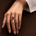 Royal Ruby Filigree Ring on red silk