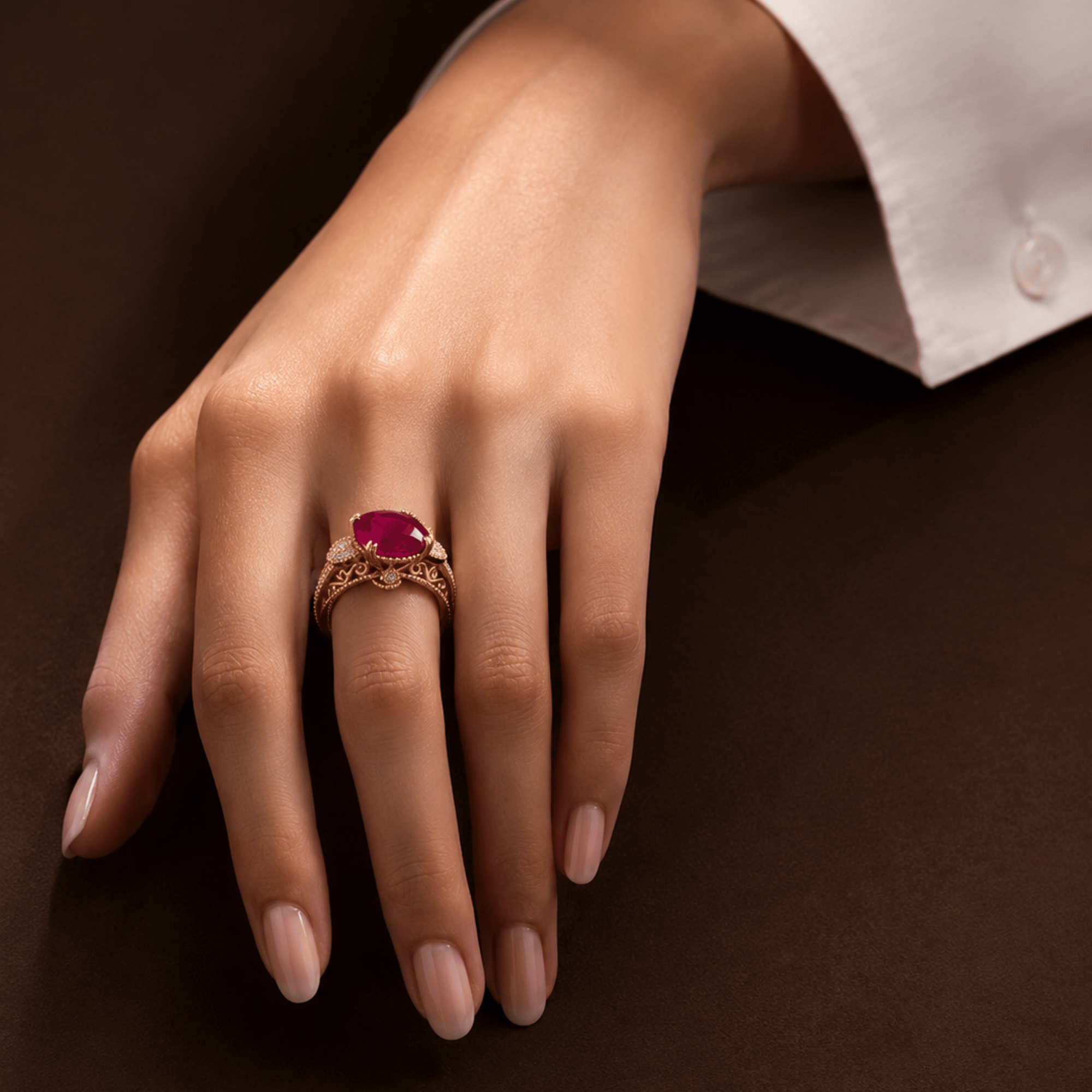 Royal Ruby Filigree Ring on red silk