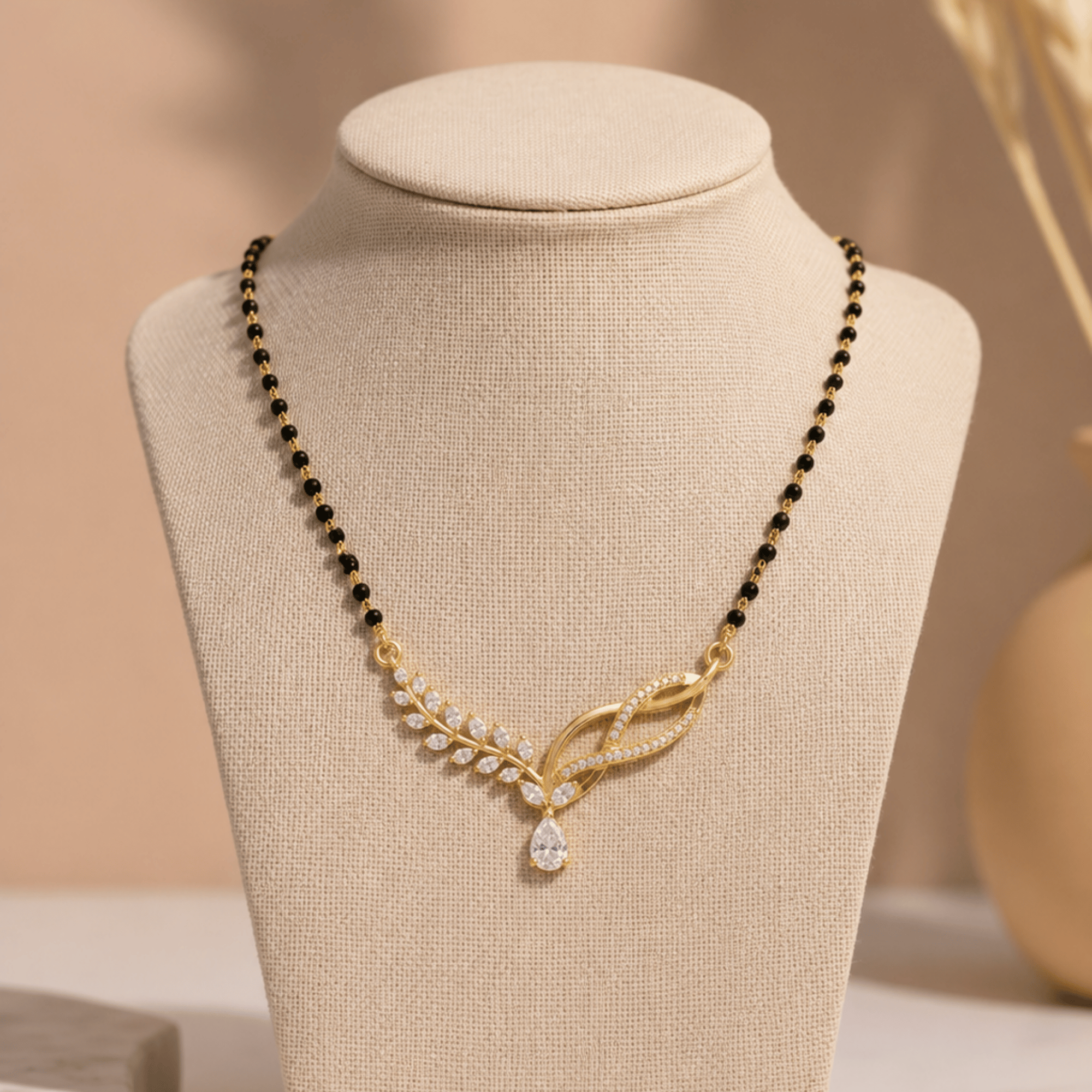 Eternal Leaf Diamond Mangalsutra on display stand