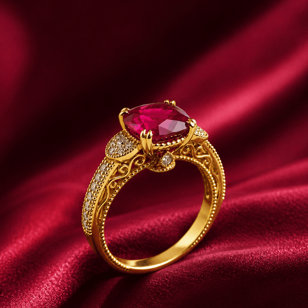 Royal Ruby Filigree Ring on velvet display
